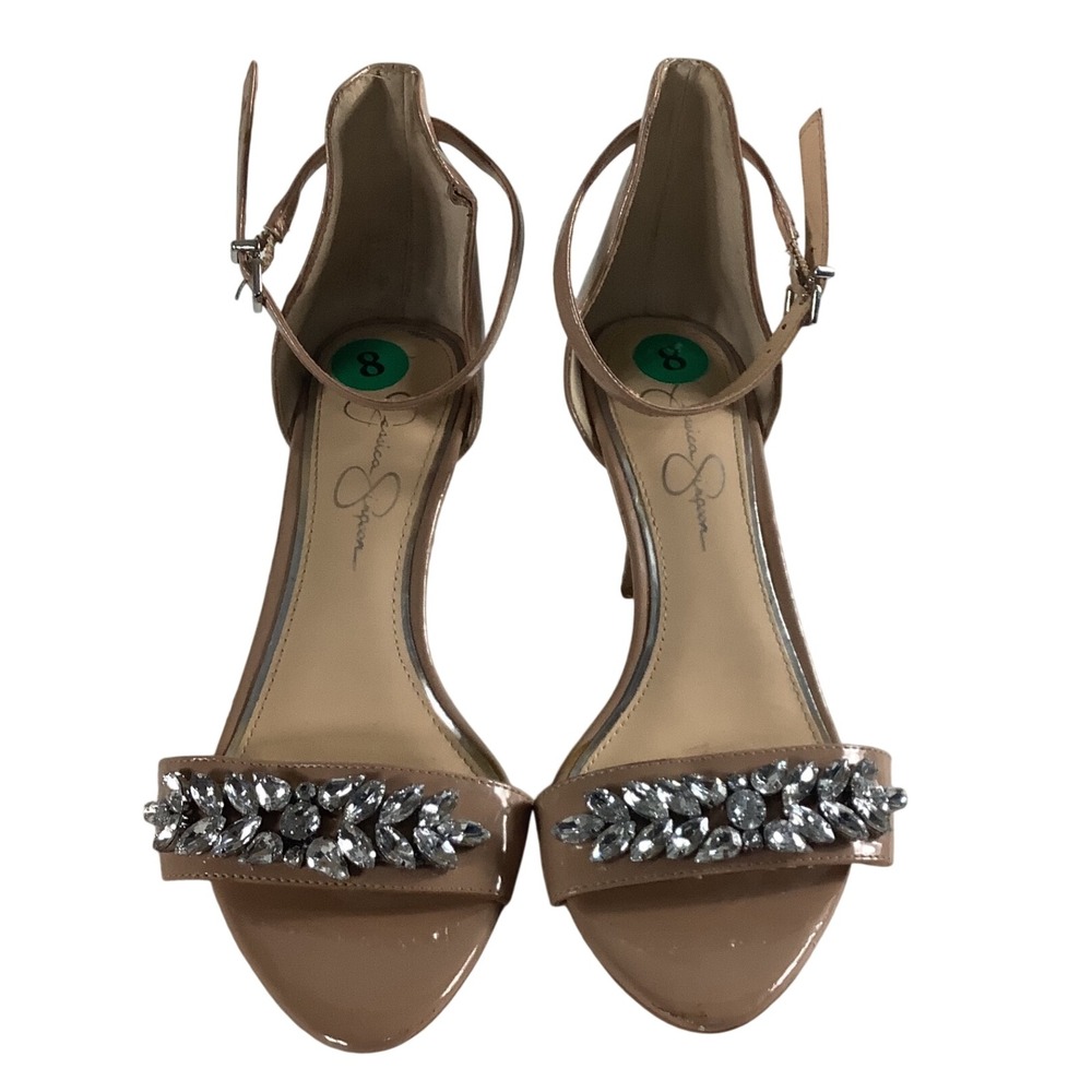 Jessica Simpson Nude Patent Rhinestone Ankle Strap Heels Womens Size 8M Tan‎